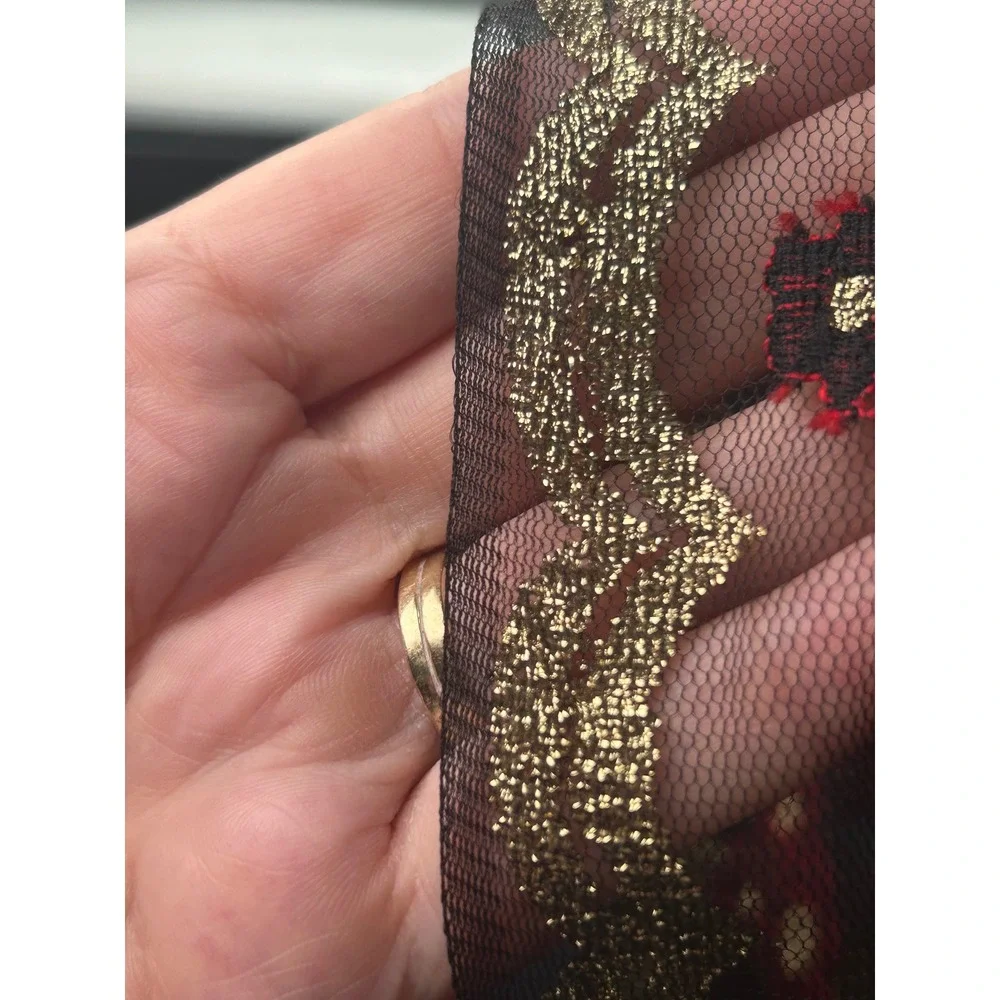 Black Mesh Dupatta Red Gold Floral Embroidered Scarf Scalloped Lace Border 90x40